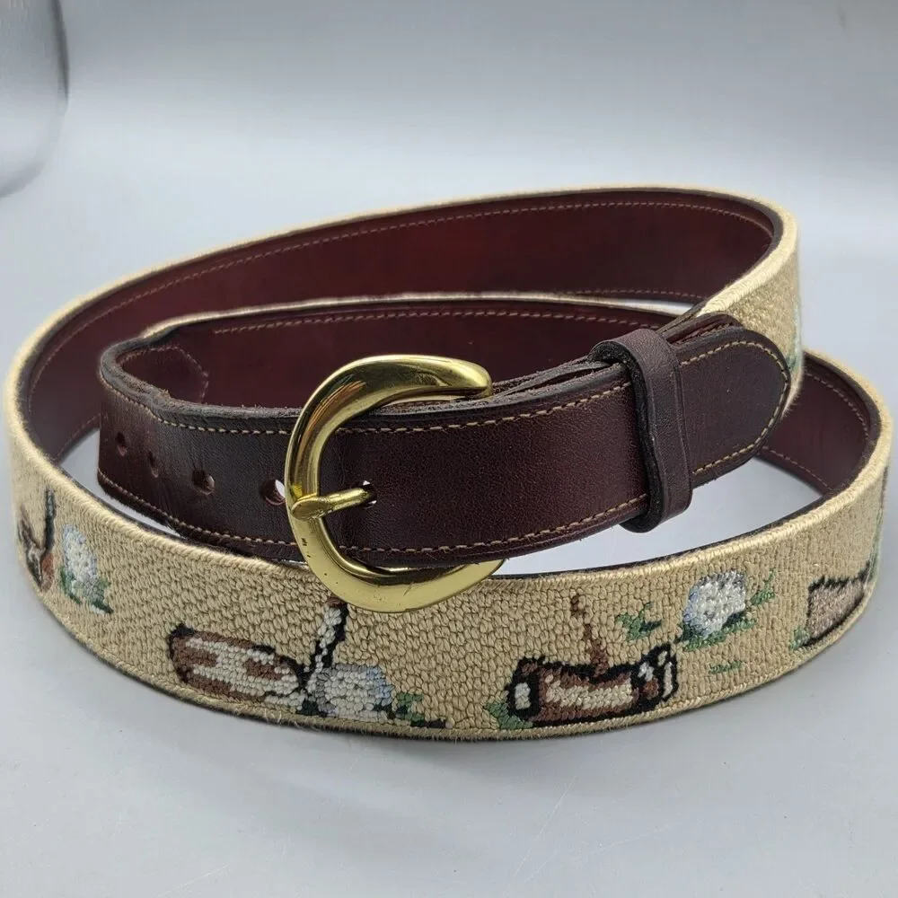 Needlepoint Belt Golf Mens Canvas Leather brass round buckle sz 44